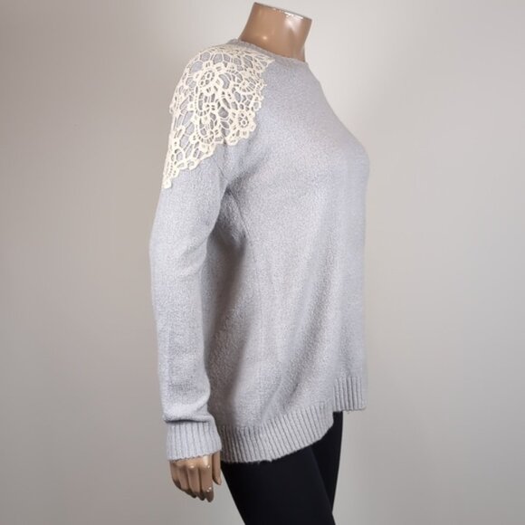 3/$20 Forever 21 Crochet Overlay Sweater Winter Pullover Slouchy Ribbed Grey - Picture 8 of 10